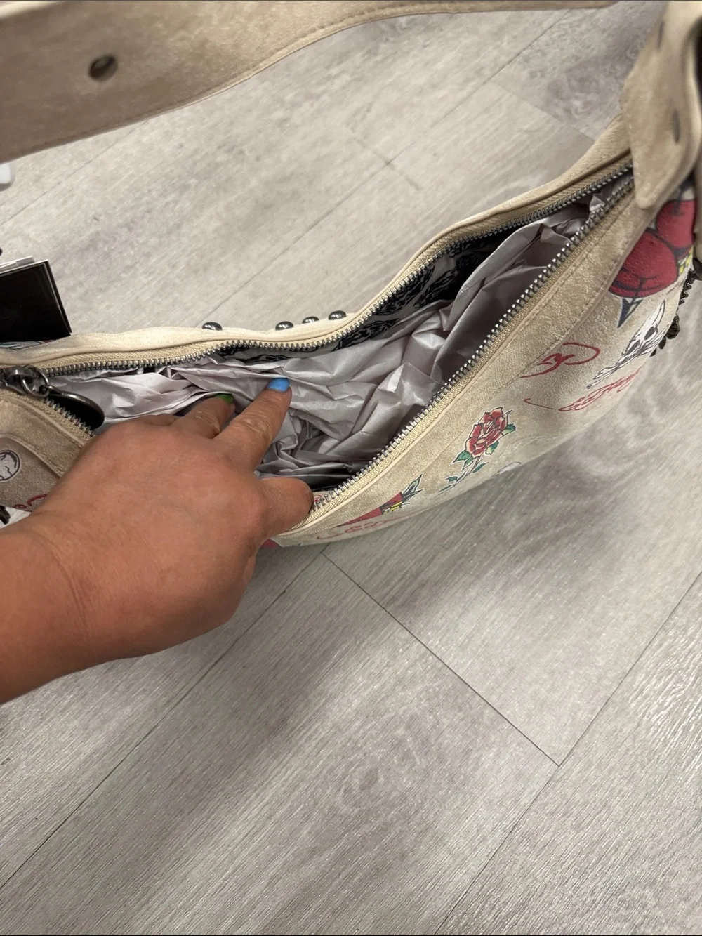 Ed Hardy Beige Studded Hobo with Tattoo Heart & Skull Print